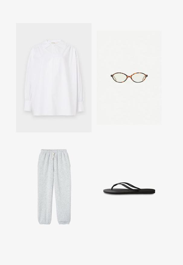 Witte blouse met lange mouwen, een scherpe kraag, gerimpelde schouders, knoopmanchetten en een klein knoopje bij de halslijn.; Grijze joggingsbroek van zachte stof, met een elastische tailleband met trekkoord en elastische boorden bij de enkels.; Zwarte flip-flop met een gestructureerde rubberen zool, twee slanke banden en een subtiele, ingedrukte logo-detail op de band.; Kattenoogbril met ovale lenzen en een strakke, gladde afwerking. Heeft dunne zijkanten met een subtiele kromming bij de slapen. Transparante lenzen.