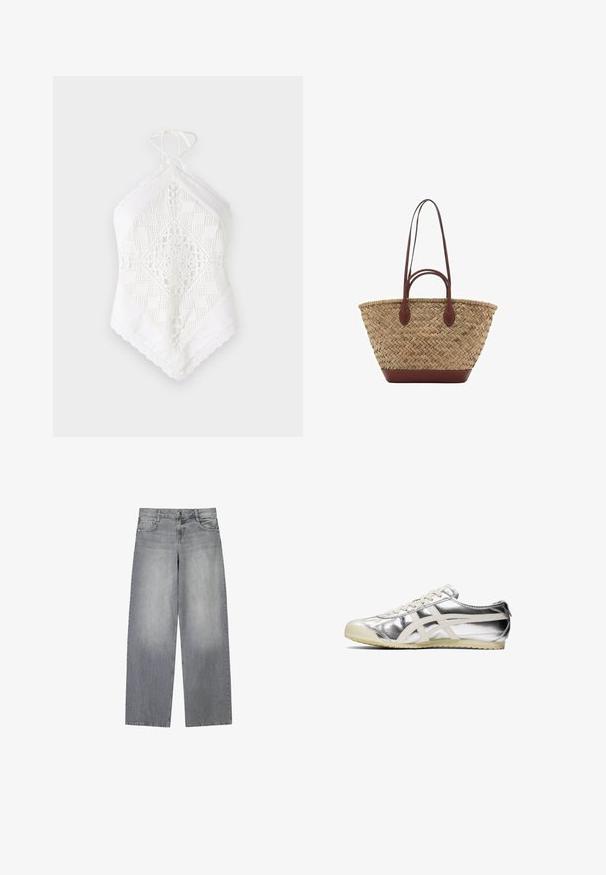 White halter top made from textured fabric, featuring intricate lace and geometric cutout patterns, with a triangular shape and lace trim.; Wide-leg gray denim jeans with a slightly faded finish, featuring five pockets, a front button closure, and belt loops.; Silver metallic sneaker with white accents and laces. Features a textured surface, rounded toe, and a rubber sole with a pattern for grip.; Woven straw tote bag with braided texture, dark brown leather handles and base, wide circular shape, and open top design.