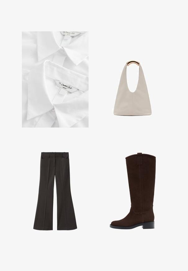 Vit skjorta med knäppning och spetsig krage, tillverkad av ett slätt tyg. Etiketter visar "The Essential Shirt" och "NEXT." Har prydlig sömnad.; Svarta utsvängda byxor med hög midja; har två framfickor och en mjuk tygtextur. Lämpliga för olika tillfällen.; Bruna mockaknyxor till knäna med rund tå, subtil sömnad och låg blockklack; har en dragflik högst upp för enkel påtagning.; Ljusgrå läderväska med en U-formad design och ett böjt metallhandtag. Slät textur med minimal sömnad och inga synliga mönster.