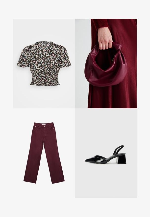 Czarna bluzka w kwiaty z krótkimi bufiastymi rękawami, zdobiona niebieskimi, różowymi i białymi kwiatami, zebranym w pasie oraz subtelną teksturowaną tkaniną.; Bordowe jeansy z wysokim stanem i prostymi nogawkami, z przednimi kieszeniami, zapięciem na guzik oraz mosiężnymi akcentami.; Czarne lakierowane półbuty na obcasie z wydłużonym noskiem i geometrycznym słupkiem. Charakteryzują się eleganckim, minimalistycznym designem oraz gładką fakturą.; Bordowa skórzana torebka o miękkim, marszczonym wyglądzie i zaokrąglonym kształcie. Uchwyt jest zabezpieczony, co podkreśla gładką fakturę.