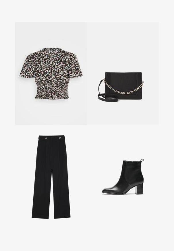 Juoda gėlių bluzelė su trumpomis pūstomis rankovėmis, puošta mėlynomis, rožinėmis ir baltomis gėlėmis, su susirinkusia liemene ir subtiliu tekstūruotu audiniu.; Juodi plačios kojos kelnės su aukštu liemeniu, sagų detalėmis ant liemens ir priekinėmis raukšlėmis.; Juodos odinės aulinės botai su apvalia nosimi, vidutinio aukščio blokuotais kulnais ir kilpeliu gale. Lygi tekstūra, minimalistinis dizainas.; Juodas odinis per petį nešiojamas krepšys turi lygų paviršių, stačiakampio formą ir metalinę grandinėlę priekyje. Pridedama reguliuojama dirželis.