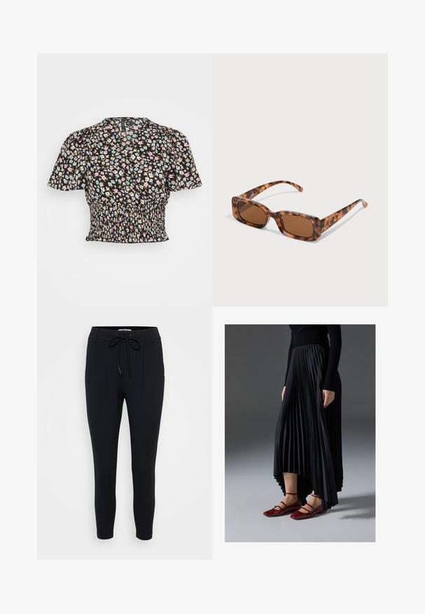 Bluză neagră cu imprimeu floral, cu mâneci scurte tip puff, având flori albastre, roz și albe, talie plisată și un material texturat subtil.; Pantaloni negri con un croi con piciorul îngust, confecționați dintr-un material elastic, având o talie cu șnur, două pliuri frontale și o textură netedă.; Fustă pliată neagră cu un tiv înalt-jos, asortată cu balerini roșii strălucitori cu un design cu curea. Tesătura are o textură netedă.; Ochelari de soare cu rama țestoasă, cu lentile rectangulare maro, o ramă groasă și brațe subțiri, prezentând un model cu nuanțe variate de maro.