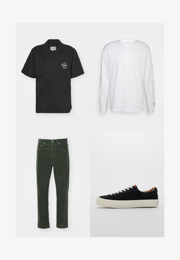 Lyhythelmainen musta nappipaita, jossa on taitettu kaulus, vasemmassa rinnassa valkoinen graafinen logo ja sileä pinta.; Valkoinen pitkähihainen t-paita, joka on valmistettu puuvillasta. Pyöreä kaula-aukko, jossa on resorikujat ja pieni logo vasemmassa hihassa. Tasainen pinta.; Vihreät corduroy-housut, joissa on suora lahje, viisi taskua, metallinappikiinnitys ja tekstuuriainen ribbipinta.; Mustat kangaskengät, joissa on valkoiset nauhat, vaaleanbeige kumipohja ja punainen yksityiskohta kannassa. Varvassuoja on pyöristetty ja ompelusaumoja on hyvin vähän.