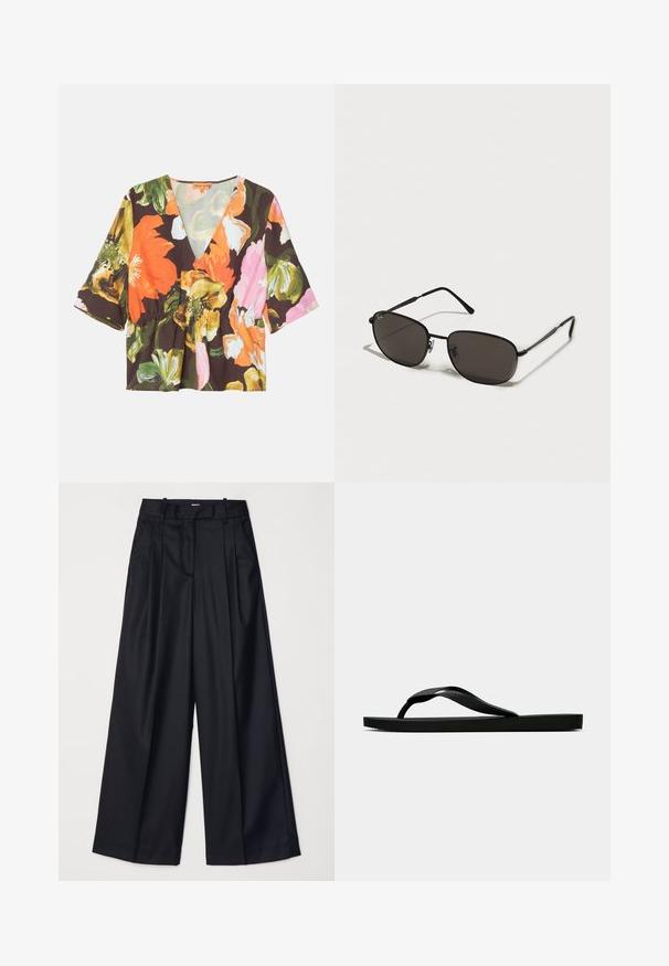 Ziedu blūze ar dziļu V-veida kaklu, īsām piedurknēm un pepluma jostu. Izgatavota no viegla auduma ar tumšu fonu un spilgtiem ziediem.; Melnas platas kājas bikses no gludas auduma, ar augstu jostasvietu, krokām un pielāgotu dizainu. Vienkārša melna aparatūra jostasvietā.; Melna gumijas flip-flop sandaļa ar teksturētu nolaists jostu un vienkāršu plakanā zole, attēlota no sāniem uz vienkārša gaiša fona.; Melnas metāla saulesbrilles ar ovālām rāmēm, tumšiem stikliem, šaurām kājiņām un smalku logotipu kreisajā stiklā. Elegants, minimālistisks dizains.