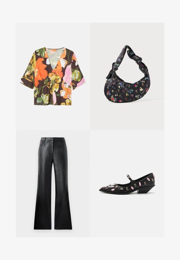 Bluzka w kwiaty z głębokim dekoltem w kształcie litery V, krótkimi rękawami i peplum w talii. Wykonana z lekkiego materiału o ciemnym tle i żywych kwiatach.; Czarne skórzane spodnie dzwony o gładkiej teksturze, z dwoma przednimi kieszeniami ozdobionymi czarnymi i brązowymi akcentami w okolicy talii.; Czarny skórzany but w stylu Mary Jane z wydłużonym noskiem, ozdobiony kamieniami w różnych kształtach w odcieniach różu i przezroczystości, z niskim obcasem na koturnie.; Czarna torebka w kształcie półksiężyca z kolorowym kwiatowym wzorem i węzłowymi uchwytami, z małym metalicznym logo w dolnym prawym rogu.