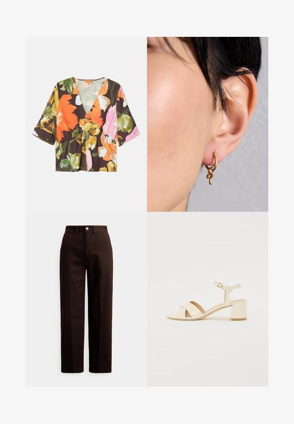 Ziedu blūze ar dziļu V-veida kaklu, īsām piedurknēm un pepluma jostu. Izgatavota no viegla auduma ar tumšu fonu un spilgtiem ziediem.; Tumši brūnas taisna griezuma bikses ar pogu un rāvējslēdzēja aizdari, jostas cilpām un priekšējām kabatām baltā fonā.; Bežīgi patentēti ādas sandalītes ar krustenisku siksnu dizainu, atvērtu pirkstu, regulējamu potītes siksnu un bloku papēdi. Gluda tekstūra.; Zelta auskari ar organisku, plūstošu dizainu, kas izceļ teksturētas akcentus un gludu apdari, valkāti caurdurtā ausī.