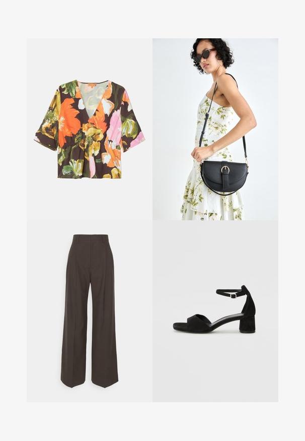 Blomstrete bluse med dyp V-hals, korte ermer og peplumliv. Laget av lett stoff med mørk bakgrunn og livlige blomster.; Mørkebrun vidde bukser med høy midje, utstyrt med pent pressede folder, glatt tekstur og skreddersydd passform.; Sorte semskede hælede sandaler med en tynd ankelrem, åbent tådesign og en beskeden blokhæl. Glat tekstur og minimale accenter.; Svart lærveske med en buet form, avtagbar stropp og gullbeslag. Vesken har et klaff med spenne-detall.