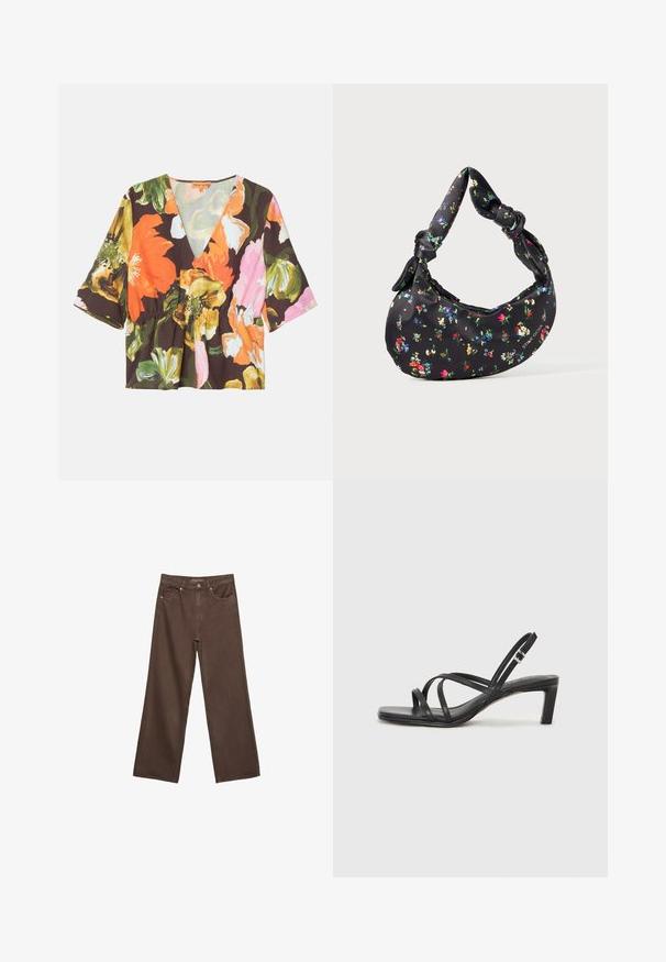 Květinová blůza s hlubokým V-výstřihem, krátkými rukávy a peplum pasem. Vyrobena z lehkého materiálu s tmavým pozadím a živými květinami.; Hnědé džíny s širokými nohavicemi vyrobené z denimu, s vysokým pasem, předními kapsami a klasickým zapínáním na knoflík. Hladká textura s jemným švem.; Černé sandály na tenkém podpatku se čtveratou špičkou a nízkým blokovým podpatkem. Mají několik tenkých popruhů a nastavitelné zapínání okolo kotníku. Vyrobeny z hladké kůže.; Černá měsíčková kabelka s barevným květinovým potiskem a uzlovými rukojeťmi, která má malé kovové logo v pravém dolním rohu.