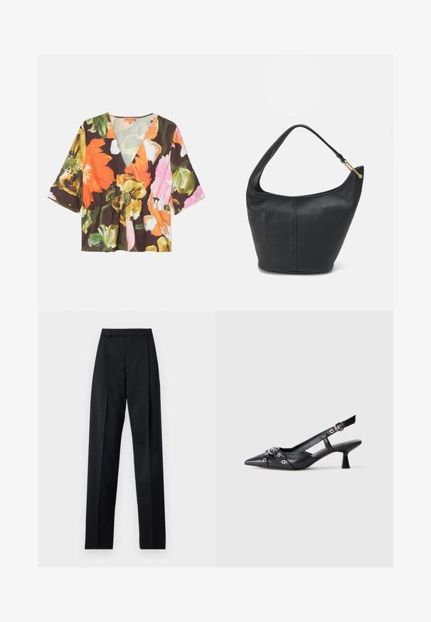 Gėlių bluzonė su gilia V formos iškirpte, trumpomis rankovėmis ir peplumo juosmeniu. Pagaminta iš lengvos medžiagos su tamsiu fonu ir ryškiomis gėlėmis.; Juodos kelnės iš lygaus audinio, pasižyminčios aukštu liemeniu, plačiomis kojomis, priekinėmis klostėmis ir klasikiais diržo kilpomis. Šoninių kišenių nematyti.; Juodas odinis slingback tipo batai su smailiu priekiniu atvartu, dekoratyvinėmis sagtimis su metaliniais akyčiais ir žemu blokiniu kulnu. Saldus paviršius.; Juodas odinis moterų rankinės su apvalia forma, plačiu dirželiu ir tekstūruotu paviršiumi. Yra subtilus siūlės detalizavimas ir auksinės spalvos aparatūra.
