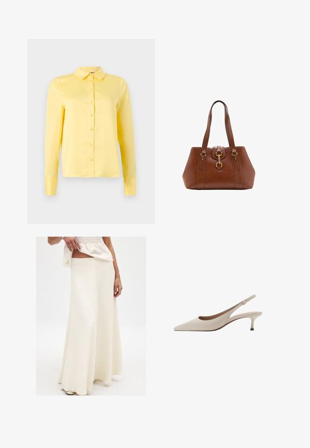 Yellow long-sleeve blouse with a collar, front button closure, and smooth texture. Simple design without patterns or accents.; Cream, long maxi skirt with a textured finish. Features a fitted waist and flowing silhouette, paired with a loose, vibrant top.; Beige slingback heels with a pointed toe and a low, flared heel. Made from smooth leather with a minimalistic design and adjustable strap.; Brown leather handbag with dual straps, a rounded shape, gold hardware, and a central buckle detail. Smooth texture with stitched accents.