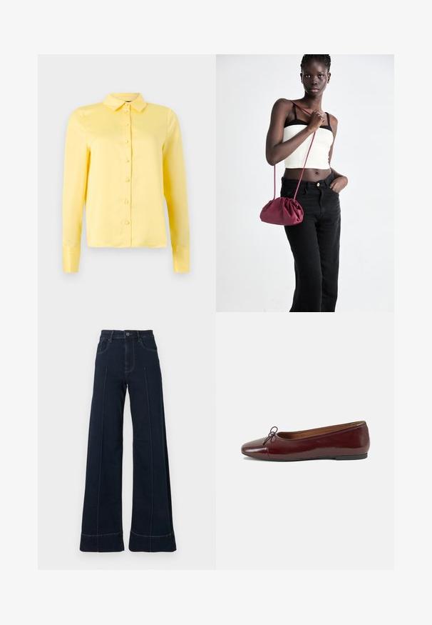 Yellow long-sleeve blouse with a collar, front button closure, and smooth texture. Simple design without patterns or accents.; Dark blue, wide-leg jeans with a high waist, featuring front pockets and visible stitching. Made of denim fabric with a smooth texture.; Burgundy patent leather ballet flat with a rounded toe, small bow accent at the front, and a low, black rubber sole. Smooth texture.; Burgundy soft fabric handbag with a gathered design and a long strap, worn crossbody. Model wears a white crop top and black jeans.