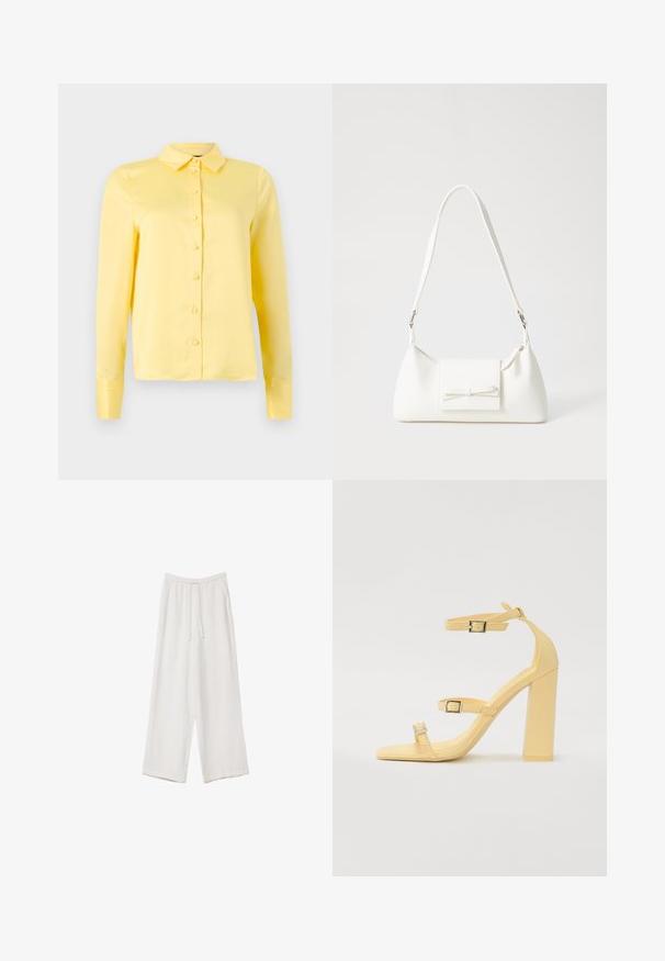 Gelbe Bluse mit langen Ärmeln und Kragen, durchgehender Knopfverschluss und glatter Textur. Einfaches Design ohne Muster oder Akzente.; Weiße weit geschnittene Hose aus leichtem Stoff. Mit einem elastischen Bund und Kordelzug sowie Seitentaschen. Glatte Textur.; Gelbe Blockabsatzsandalen mit drei verstellbaren Riemen, quadratischer Zehenform, glattem synthetischem Material und silberfarbenen Schnallen.; Weiße synthetische Handtasche in dreieckiger Form, flache Vorderklappe und Schleifendetail, verstellbarer Trageriemen, glatte Textur und minimalistisches Design.