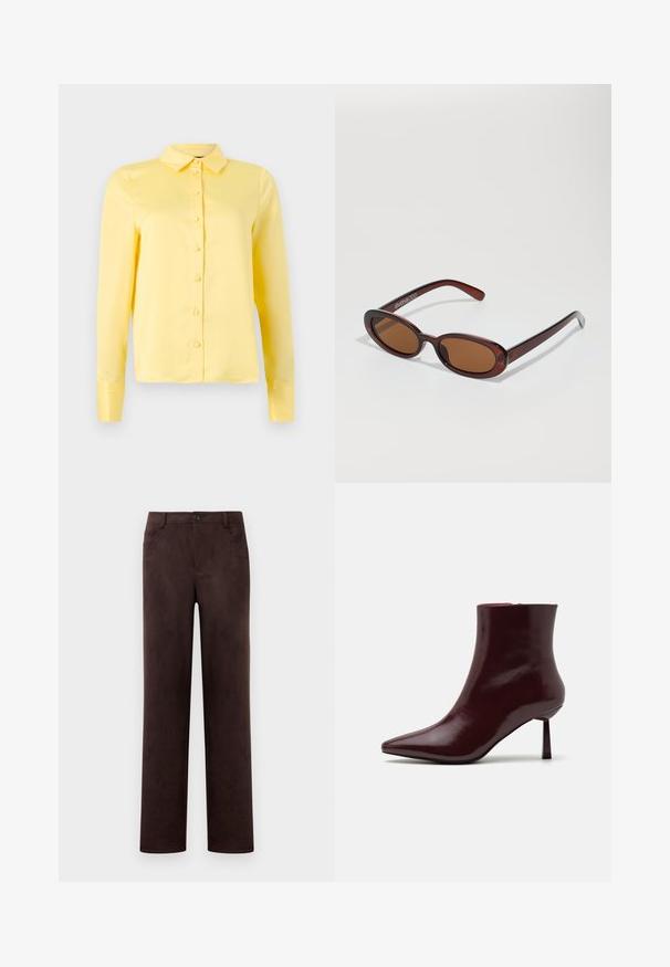 Żółta bluzka z długim rękawem, z kołnierzykiem, zapinana na guziki z przodu, o gładkiej fakturze. Prosty design bez wzorów czy akcentów.; Proste nogawki, ciemno-brązowe spodnie z zamszu z zapięciem na guzik i zamek błyskawiczny, szlufkami na pasek oraz kieszeniami bocznymi.; Burgundowe lakierowane botki za kostkę z ostrym noskiem i smukłym obcasem w szpilkę, charakteryzujące się gładką, błyszczącą teksturą i minimalistycznym designem.; Okrągłe, brązowe okulary przeciwsłoneczne z błyszczącą bordową oprawą. Cienkie ramiona z subtelnym detalem marki. Płaski kształt soczewek.; Torebka w kolorze burgundowym, pleciona, o zaokrąglonym kształcie i pojedynczym uchwycie, z teksturowaną powierzchnią oraz elastycznym zaciąganym zapięciem.