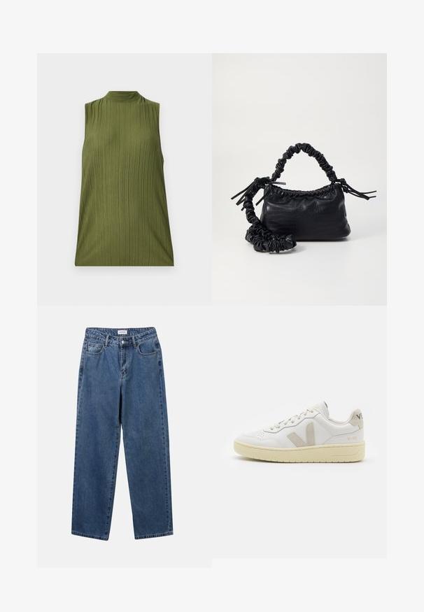 Bezramienkový zelený top z textúrovanej látky s vertikálnym ryhovaním a vysokým výstrihom. Jednoduchý strih, žiadne ďalšie detaily ani vzory.; Klasické modré džínsy z denimu so strihom rovného strihu, piatimi vreckami a zapínaním na gombík. Majú stredné praním a pevnú textúru.; Biele kožené tenisky s béžovými semišovými akcentmi, perforovanou špičkou, plochými šnúrkami a textúrovanou krémovou podrážkou. Obsahujú jemné označenie na päte.; Čierna umelá kožená kabelka s kroko vzorom, sťahovaným vrchom a zhnutým popruhom. Vyzerá mäkko a kompaktné v dizajne.