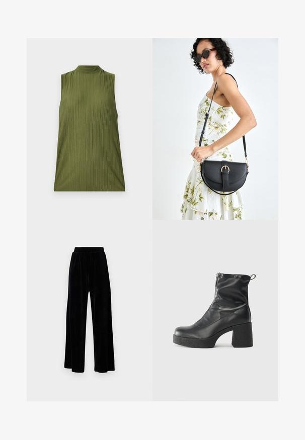 Top verde sem mangas feito de um tecido texturizado com um design de riscas verticais e um decote alto. Corte simples, sem acentos ou padrões adicionais.; Calças largas pretas feitas de veludo suave, com um cós elástico e uma textura lisa, sem detalhes ou padrões visíveis.; Botas de tornozelo pretas feitas de couro liso, com fecho lateral, salto grosso texturizado e design de bico arredondado.; Bolsa de couro preta com forma curva, alça destacável e detalhes em dourado. A bolsa possui uma aba com detalhe de fivela.