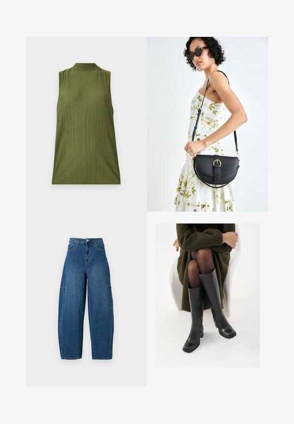 Mouwloos groen top van textuurstof met een verticale ribbelpatroon en een hoge halslijn. Eenvoudige snit, geen extra accenten of patronen.; Denim spijkerbroek in een medium blauwe wassingen, met een hoge taille, wijde broekspijpen en een standaard vijf-pocket ontwerp met zichtbare stikseldetails.; Knieschijf hoge zwarte leren laarzen met een vierkante neus en blokhak, getoond met een model dat zit in een olijfgroene jas. Gladde textuur, minimale details.; Zwarte leren handtas met een gebogen vorm, afneembare schouderband en gouden hardware. De tas heeft een klep met een gespsluiting.