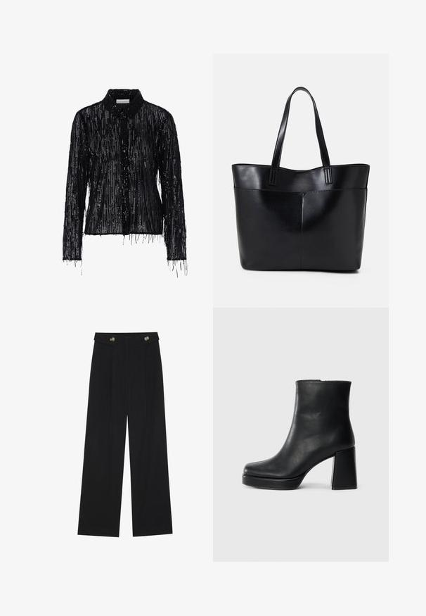 Black sequined shirt with long sleeves, fringed edges, and a collared neckline; textured surface features vertical sequin lines.; Black wide-leg trousers with high waist, button details on waistband, and front pleats.; Black leather ankle boot with a block heel and platform sole, viewed from the side on a plain white background.; Black leather tote bag with two long handles, a smooth texture, and a structured shape. Features a front pocket for additional storage.