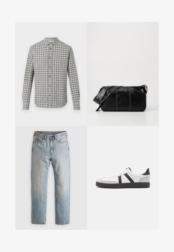 Long-sleeve button-up shirt with white and black plaid pattern, classic collar, and brown buttons on a plain background.; Light blue denim jeans with high waist, front button, zipper, and five-pocket design, laid flat on a neutral background.; White sneaker with black and gray accents, featuring a textured gray toe cap, black rubber sole, and flat white laces. Clean design, minimalist style.; Black leather shoulder bag with a zip closure, featuring a textured body, white stitching, and a strap with silver grommets.