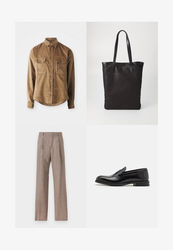 Camicia in corduroy marrone con colletto a punta, due tasche sul petto e una tasca con cerniera sul lato sinistro. Chiusura con bottoni sul davanti.; Pantaloni marroni a vita alta realizzati in tessuto testurizzato. Presentano gambe ampie e due pieghe frontali per struttura. Rifinitura curata senza hardware visibile.; Mocassini neri in pelle con una texture liscia, punta arrotondata e una striscia decorativa sulla tomaia. Tacco basso impilato, design minimalista.; Borsa tote in tela nera con manici in pelle nera. Design semplice, corpo spazioso e texture liscia. Nessun logo o motivo visibile.