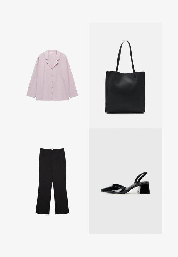Lyserød, langærmet skjorte med knapper, notch krave, enkelt brystlomme og afslappet pasform. Blødt stof og glat tekstur.; Sorte bukser med lige pasform, der har frontlommer og slidser i kanten. Lavet af blødt, glat stof. Velegnet til forskellige anledninger.; Sorte patentlæder slingback hæle med spids tå og en geometrisk blok hæl. Har et elegant, minimalistisk design og en glat tekstur.; Sort læder tote taske med glat tekstur, rektangulær form og to lange hanke. Ingen synlig hardware eller udsmykninger.