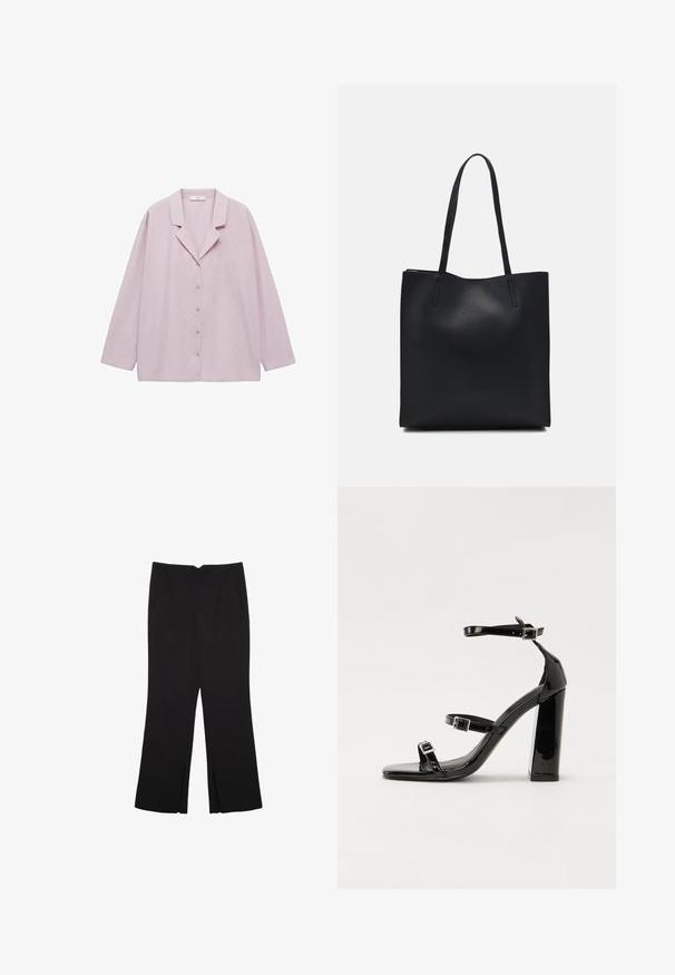 Svijetloružičasta, dugorukava košulja za dugmad s izrezanom kragnom, jednim džepom na prsima i opuštenim krojem. Mekani materijal i glatka tekstura.; Crne hlače ravnog kroja, s prednjim džepovima i bočnim prorezima na rubu. Izrađene od mekog i glatkog materijala. Pogodne za razne prigode.; Crne lakirane sandale na visoku petu s dva remena s kopčama, kvadratnim vrhom i masivnom blok petom, s glatkom, sjajnom teksturom.; Crna kožna torba za nošenje s glatkom teksturom, pravokutnim oblikom i dvije duge ručke. Nema vidljivih metalnih dijelova ili ukrasa.