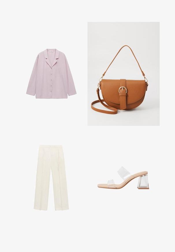 Světle růžová košile s dlouhým rukávem a knoflíkovým zapínáním, s vykrojeným límcem, jednou kapsou na prsou a volným střihem. Měkká tkanina a hladký povrch.; Kalhoty s širokými nohavicemi v světle krémové barvě. Vyrobené z hladké tkaniny s záhyby vpředu a bočními kapsami.; Průhledné sandály na podpatku s dvěma průhlednými pásky, béžovým základem a geometrickým průhledným blokovým podpatkem. Minimalistický design s hladkým povrchem.; Hnědá kožená křížová taška s zakřiveným tvarem, zlatými detaily a akcentem s přezkou. Obsahuje odnímatelný popruh na rameno.