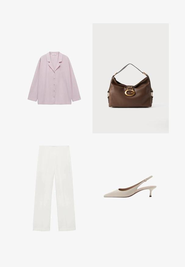 Light pink, long-sleeve button-up shirt with a notched collar, single chest pocket, and a relaxed fit. Soft fabric and smooth texture.; Wide-leg trousers in white fabric feature a smooth texture, clean lines, and a subtle sheen, with no visible hardware or patterns.; Beige slingback heels with a pointed toe and a low, flared heel. Made from smooth leather with a minimalistic design and adjustable strap.; Brown leather handbag with a textured finish, featuring a gold-tone hardware clasp and a single, curved shoulder strap.