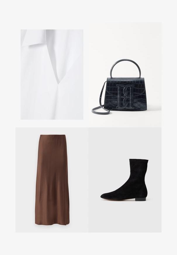 Bílá tkanina s jemnou, hladkou texturou, která má hluboký V výstřih a šikmý klop. Minimalistický design s čistými liniemi.; Hnědá saténová midi sukně s hladkou texturou, s rovný střih a bez viditelných vzorů nebo ozdob. Jednoduchý a elegantní design.; Černá nubuková kotníková bota s úzkým svrškem, špičatou špičkou a nízkým blokovým podpatkem. Hladká textura a minimalistický design, vhodné pro všestranné styling.; Černá kabelka z krokodýlí kůže s embosovaným vzorem, strukturovaným designem, horním uchycením, nastavitelným popruhem a výrazným logem na přední straně.