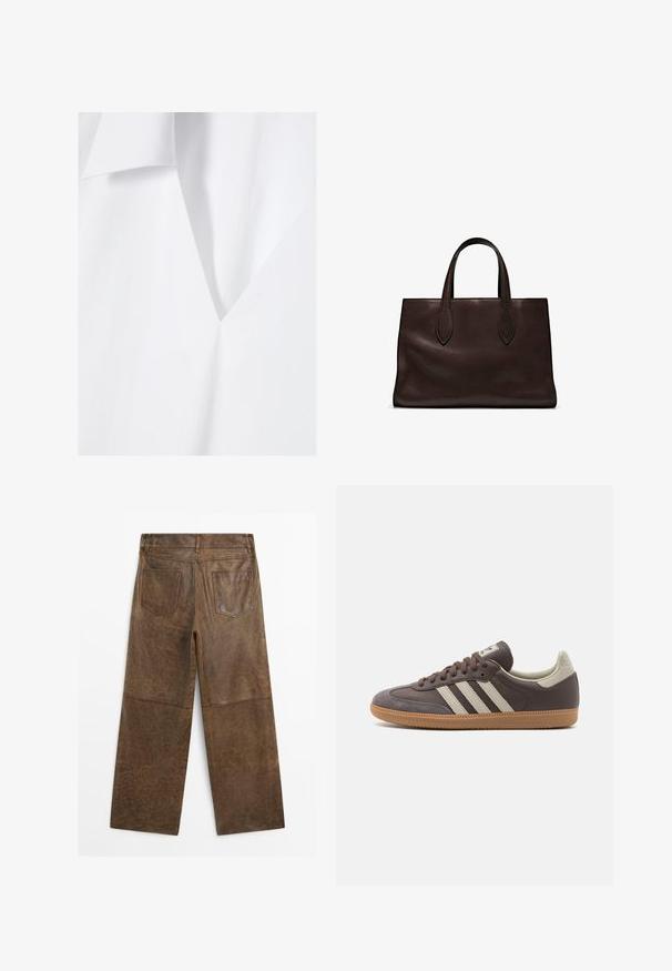 Witte stof met een zachte, gladde textuur, voorzien van een diepe V-halslijn en een schuine flap. Minimalistisch ontwerp met strakke lijnen.; Bruine leren wijde broek met twee achterzakken en zichtbare stiksels, vanaf de achterkant weergegeven op een witte achtergrond.; Bruine leren sneaker met drie lichtgekleurde strepen, rubberen gumzool, ronde neus en gestructureerde nubuck accenten op de hiel en neus.; Bruine leren tote bag met twee verlengde handvatten, gestructureerde rechthoekige vorm, gladde textuur en subtiele stiksels.
