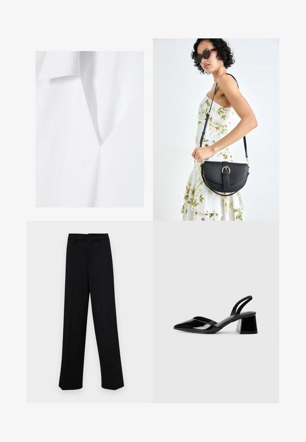 Țesătură albă cu o textură moale și netedă, având un decolteu adânc în V și un pliant înclinat. Design minimalistic cu linii curate.; Pantaloni negri cu croi larg, dintr-un material neted, având un talie clasică cu închidere prin buton și plisuri frontale.; Pantofi cu toc slingback din piele lacuită neagră, cu vârf ascuțit și toc geometric. Prezintă un design elegant, minimalist și o textură netedă.; Geantă din piele neagră, cu o formă curbată, curea detașabilă și accesorii aurii. Geanta are un capac cu un detaliu tip cataramă.