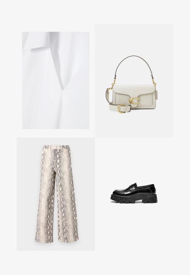 Tessuto bianco con una texture morbida e liscia, caratterizzato da un profondo scollo a V e una patta inclinata. Design minimalista con linee pulite.; Pantaloni a gamba larga con stampa a serpente, caratterizzati da una combinazione di colori crema e grigio, realizzati in tessuto testurizzato e con una vita alta.; Mocassini in pelle nera con suola in gomma spessa, fascia decorativa sulla parte superiore e cuciture bianche a contrasto. Texture liscia con punta arrotondata.; Borsa a tracolla in pelle bianca con chiusura in tonalità oro, dettagli neri, tracolla removibile e design strutturato con chiusura a pattina.; Singularu DROP - Orecchini - gold-coloured