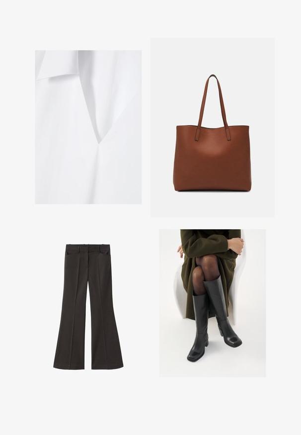 Tela blanca con una textura suave y lisa que presenta un escote en V profundo y una solapa angulada. Diseño minimalista con líneas limpias.; Pantalones de campana negros con cintura alta; cuentan con dos bolsillos frontales y una textura de tela suave. Adecuados para diversas ocasiones.; Botas de cuero negro hasta la rodilla con puntera cuadrada y tacón de bloque, presentadas con un modelo sentado en un abrigo verde oliva. Textura suave, mínimo detalle.; Bolso tote de cuero marrón con una textura suave, diseño de apertura superior y dos correas para el hombro. Presenta una costura mínima y sin herrajes visibles.