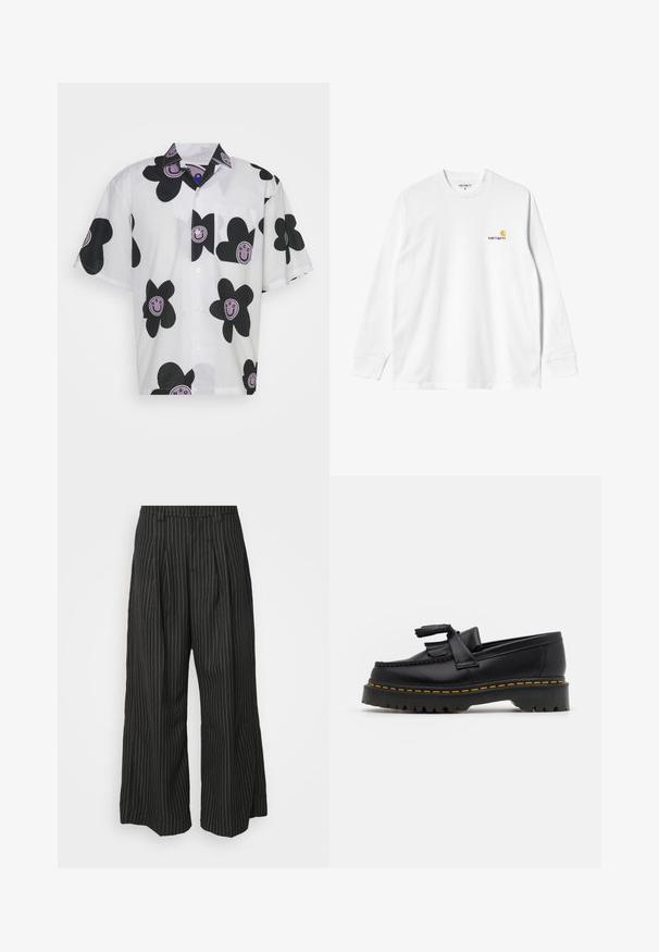 HUGO ELIGINO - Overhemd - white; Witte katoenen T-shirt met lange mouwen en ronde hals, met een klein geel en bordeaux logo op de linkerborst. Naadloze manchetten en zoom.; Zwarte gestreepte wijde broek met plooien, met een op maat gemaakt ontwerp en een zachte textuur. Geen zichtbare hardware of accenten.; Zwarte leren loafers met een franjesaccent, voorzien van een dikke zwarte zool en gele stiksels langs de rand. Gevoelige afwerking.