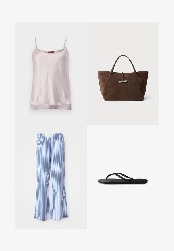 Satin camisole in light pink. Spaghetti straps, rounded neckline, and slightly sheer hem with side slits. Label visible at the top.; Blue and white striped trousers with a relaxed fit, made of lightweight fabric, featuring an elastic waistband and a subtle logo tag.; Black flip-flop featuring a textured rubber sole, two slender straps, and a subtle, embossed logo detail on the strap.; Brown suede tote bag with two soft handles, a vertical strap with a silver accent, and a wide, open top. Smooth texture, minimalist design.