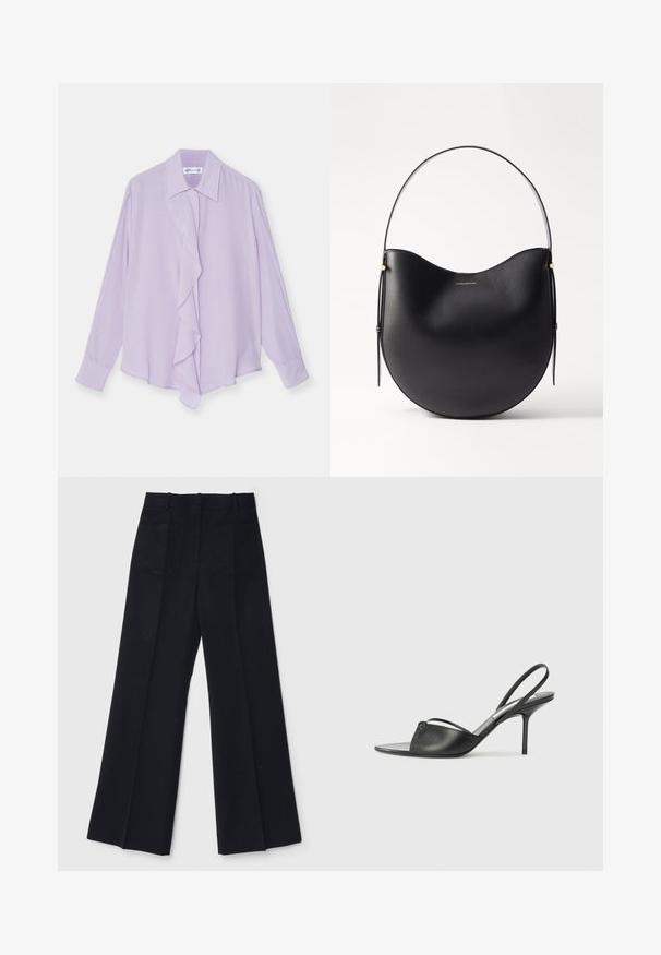 Bluză lavandă cu un front volanțat, mâneci lungi și guler ascuțit; realizată dintr-un material neted, cu o croială lejeră și puțin lărguță.; Pantaloni largi negri, confecționați dintr-un material neted, cu talie înaltă, două buzunare la spate și pliseuri subtile în față pentru un plus de formă.; Cizme cu toc înalt din piele neagră, cu vârf ascuțit, curea subțire la glezne și toc stiletto. Prezintă un detaliu legat pe vamp.; Geantă de umăr din piele neagră, cu o formă curbată, mână subțire și accente aurii subtile. Textură netedă cu un design minimalist.