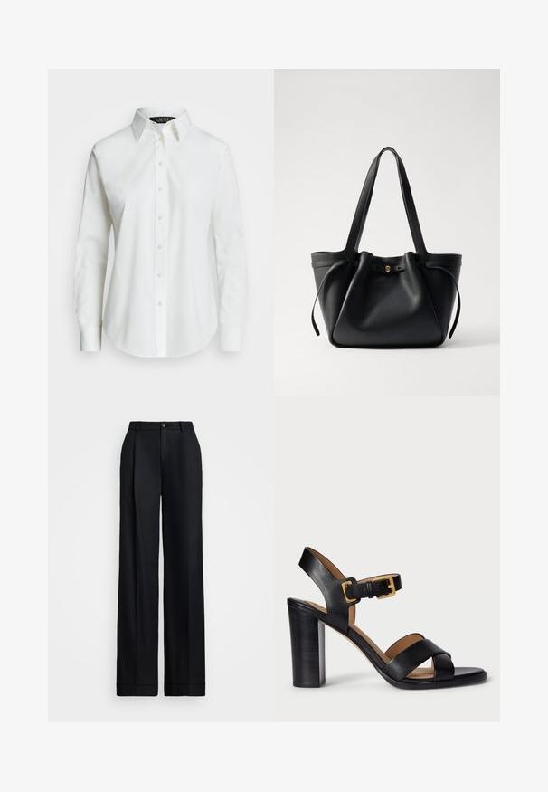 Cămașă albă cu nasturi, confecționată din bumbac neted, cu guler clasic, având o tivă dreaptă și nasturi bej pe față.; Pantaloni negri cu picioare largi, prezentând un finisaj neted, față plată, bucle pentru curea și un închidere cu un singur buton la talie.; Sandale cu toc din piele neagră, cu un design cu curea încrucișată și închidere cu cataramă. Prezintă un toc gros și o textură netedă.; Geantă tote din piele neagră, cu două bretele lungi, un vârf strâns și un accent circular auriu. Textură netedă cu un design minimalist.