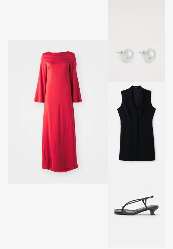 Sort ærmeløs blazer kjole med en skræddersyet pasform, der har en spids krave og en enkelt lukning foran. Glat stof og minimalistisk design.; Lang rød kjole i letvægtsstof, med bateau udskæring og brede klokkeærmer. Glat tekstur med en lige silhuet.; Sort lædersandal med tynde stropper, lav blokhæl og firkantet tå. Har en spænde lukning og glat tekstur.; Sølv perleøreringe med en buet, bønneform. Glat, blank overflade og sikret med en stift og bagside-lukning.