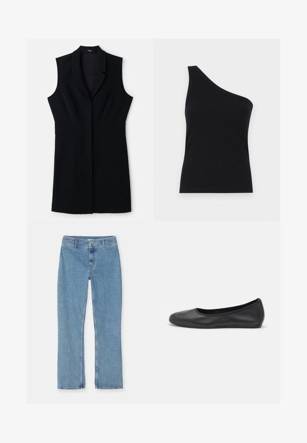 Zwarte mouwloze blazerjurk met een getailleerde pasvorm, voorzien van een reverskraag en een enkele sluiting aan de voorkant. Soepele stof en minimalistisch ontwerp.; Zwarte ribbel tanktop met één schouder, met een aansluitend ontwerp en een zachte textuur. Kenmerkt zich door een strakke, minimalistische snit en een soepele halslijn.; Lichtblauwe recht gesneden denim jeans met knoop- en ritssluiting, riemlussen en standaard stiksel op een witte achtergrond.; Zwarte leren ballerina met een ronde neus, gladde textuur, minimale stikdetails en een flexibele zoolontwerp.