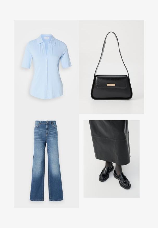 Ljusblå kortärmad skjorta i mjukt tyg, med krage och en rad vita knappar framtill.; Ljusblå denimbyxor med vida ben och hög midja, som har fem fickor, bälteshällor och en subtil blekning mot fållen.; Svarta läderloafers med en slät yta, prydda med en dekorativ rem, rund tå och texturerad sula. Bärs med en lång svart läderkjol.; Svart läderhandväska med en strukturerad triangulär form, smal rem och detaljer i guldton med en logotavla på framsidan av locket.; Guldörhängen i form av ringar med en texturerad, oregelbunden form. Har en sömlös stängning och en polerad yta som betonar en modern design.