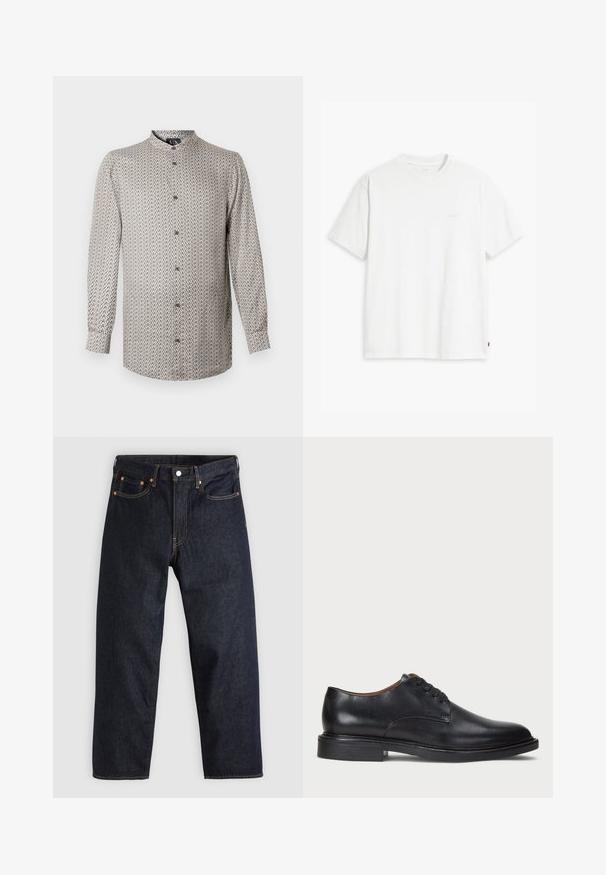 Koszula z długim rękawem w beżowo-czarny wzór geometryczny, z stójką i zapinaniem na guziki, wykonana z lekkiego materiału.; Biała bawełniana koszulka z krótkim rękawem, okrągłym dekoltem i dyskretnym logo Levi's nadrukowanym na środku. Miękka tekstura i standardowy krój.; Granatowe dżinsy w prostym kroju, z pięcioma kieszeniami, kontrastującymi pomarańczowymi szwami oraz zapięciem na guzik. Brak widocznych wzorów lub zdobień.; Czarne skórzane buty wizytowe z okrągłym noskiem, sznurowanym zapięciem i niskim, warstwowym obcasem. Gładka faktura z minimalnymi detalami stębnowania.