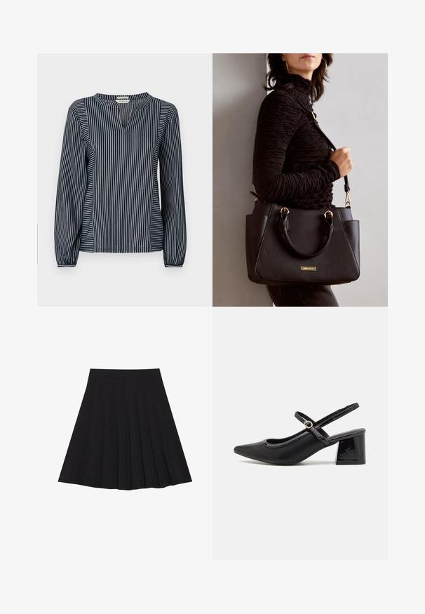 Navy and white vertically striped long-sleeve blouse with a round neck, featuring a small front slit and gathered cuffs. Soft fabric.; Black pleated skirt made of textured fabric with a fitted waistband. Falls to knee length, featuring a smooth, clean silhouette.; Black patent leather slingback heels with a pointed toe, a rounded cutout design, and a block heel. Features a gold-tone buckle accent.; Black handbag with textured surface, dual top handles, and adjustable shoulder strap. Features gold-tone hardware and side pockets.