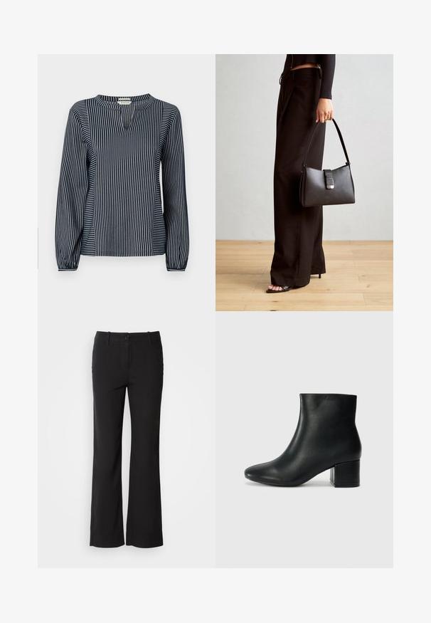 Blusa a righe verticali blu marino e bianca con maniche lunghe e colletto rotondo, dotata di una piccola fessura frontale e polsini arricciati. Tessuto morbido.; Pantaloni in misto cotone neri con design a gamba dritta, chiusura frontale con bottone e due tasche laterali. Tessuto liscio, senza motivi visibili.; Stivali neri in pelle fino alla caviglia con punta appuntita e tacco spesso. Texture liscia con minimi dettagli e un design elegante e aderente.; Borsa nera con forma strutturata, texture liscia e una chiusura metallica. Abbinata a pantaloni neri larghi e sandali open-toe su un pavimento in legno.