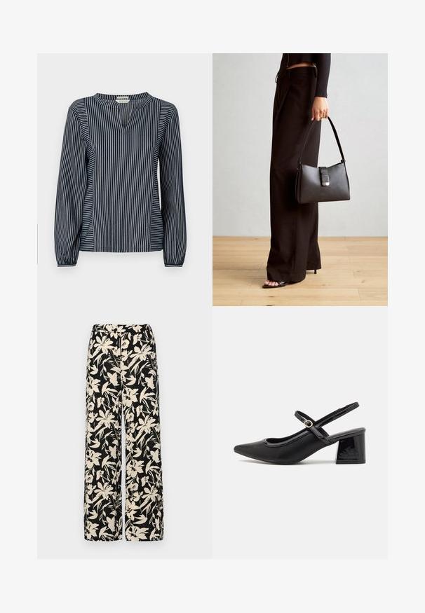 Blusa a righe verticali blu marino e bianca con maniche lunghe e colletto rotondo, dotata di una piccola fessura frontale e polsini arricciati. Tessuto morbido.; Pantaloni larghi neri con un motivo floreale crema. Realizzati in tessuto leggero, con una texture liscia e una vita alta.; Décolleté in vernice nera con cinturino dietro, punta affusolata, design con ritagli arrotondati e tacco a blocco. Presenta un accento di fibbia tono oro.; Borsa nera con forma strutturata, texture liscia e una chiusura metallica. Abbinata a pantaloni neri larghi e sandali open-toe su un pavimento in legno.
