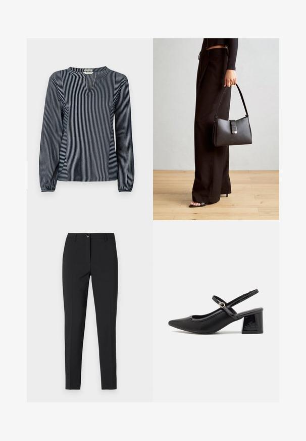 Blusa de manga larga a rayas verticales en azul marino y blanco con cuello redondo, que presenta una pequeña abertura en la parte delantera y puños fruncidos. Tejido suave.; Pantalones negros ajustados de tela suave, con una cinturilla clásica, cremallera frontal y bolsillos laterales, todo en un diseño elegante y a medida.; Tacones slingback de charol negro con punta afilada, un diseño de corte redondeado y tacón bloque. Incluye un detalle de hebilla en tono dorado.; Bolso negro con forma estructurada, textura suave y un cierre metálico. Combinado con pantalones anchos negros y sandalias de dedo en un suelo de madera.
