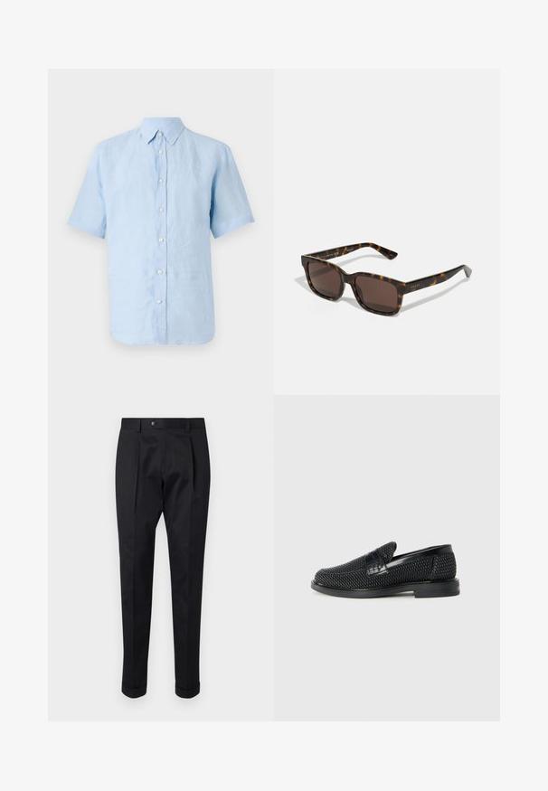 Tiger of Sweden SPENSER - Camicia - summer sky; Pantaloni neri realizzati in un tessuto liscio, con una piega sul davanti, chiusura con bottone e risvolti alla caviglia.; Scarpa nera a mocassino intrecciata con un accentuato in pelle liscia sulla parte superiore, design a punta rotonda e suola in gomma a profilo basso.; Occhiali da sole Gucci con montatura quadrata in plastica tartarugata e lenti marroni. Presentano un logo discreto sulle aste.