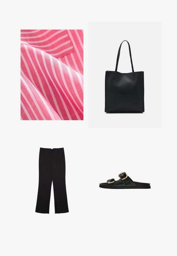 Rdeča in roza prugasta tkanina z gladko teksturo, ki vsebuje ozke izmenične pruge in subtilen sijaj.; Črne hlače ravnega kroja z naglavnimi žepi in stranskimi razporki na robu. Narejene iz mehke, gladke tkanine. Primerne za različne priložnosti.; Črne drsne sandale z dvema zlatima zaponkama, gladkega materiala, ravnim podplatom in minimalističnim dizajnom.; Črna usnjena torba s svilnato teksturo, pravokotne oblike in dvema dolgima ročajema. Brez vidnih metalnih delov ali okrasnih elementov.