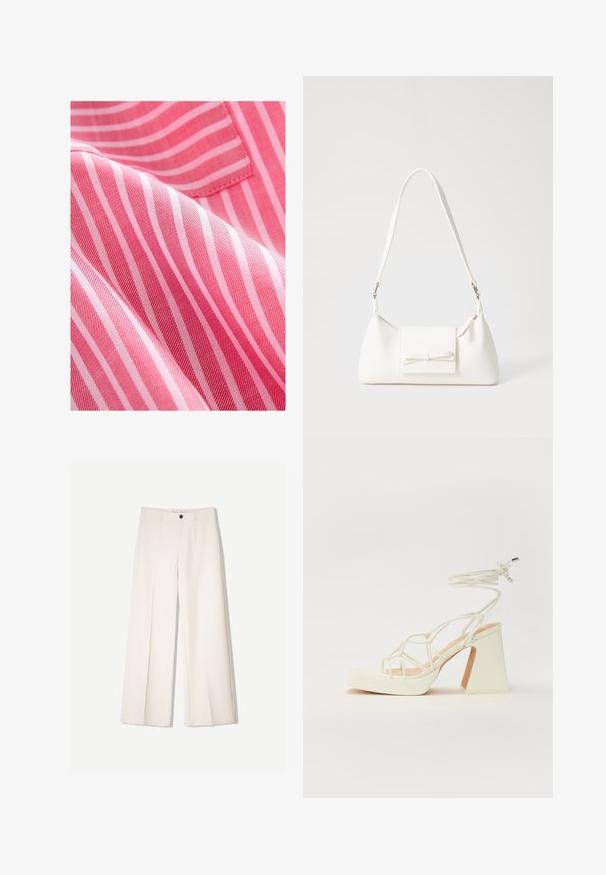 Tessuto a righe rosse e rosa con una texture liscia, caratterizzato da sottili righe alternate e una leggera lucentezza.; Pantaloni larghi color crema con design sartoriale, dotati di due tasche frontali e una chiusura con bottone anteriore, realizzati in tessuto liscio.; Sandalo bianco con tacco alto, caratterizzato da un design a cinturini e un legaccio alla caviglia. Texture liscia con una piattaforma frontale per un'altezza aggiuntiva.; Borsa sintetica bianca a forma triangolare, con patta anteriore piatta e dettaglio a fiocco, tracolla regolabile, texture liscia e design minimalista.