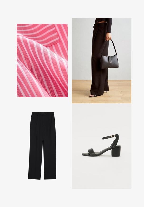 Rot- und rosarot gestreifter Stoff mit glatter Textur, der schmale, abwechselnde Streifen und einen subtilen Glanz aufweist.; Schwarze Hose mit geradem Bein, ausgestattet mit zwei frontalen Taschen und einem Taillenbund. Hergestellt aus einem glatten, leichten Stoff.; Schwarze High Heels Sandalen mit einem glatten Lederoberteil, offener Zehenpartie, breiten Vorderstraps und verstellbarem Knöchelriemen mit einem goldenen Schnallen-Detail.; Schwarze Handtasche mit strukturierter Form, glatter Textur und einem metallischen Verschluss. Kombiniert mit weiten schwarzen Hosen und offenen Sandalen auf einem Holzboden.