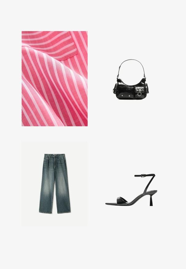 Punainen ja vaaleanpunainen raidallinen kangas, jossa on sileä tekstuuri, kapea vuorottelu raidoissa ja hienovarainen kiilto.; Hameita farkut vaaleansinisessä pesussa, joissa on viisi taskua, nappisulku ja hienovaraiset kulutusjäljet edessä.; Bershka Korolliset sandaalit - black; Mustekko mustasta kiiltonahasta valmistettu käsilaukku, jossa on kaareva muoto, yksi olkahihna, etutaskut ja hopeanväriset yksityiskohdat.