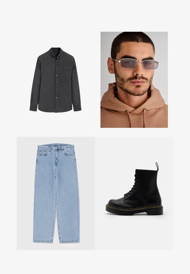Dunkelgrau langärmeliges Hemd mit Knopfleiste, einer Brusttasche und einem geknöpften Kragen, auf einem weißen Hintergrund präsentiert.; Hellblaue Jeans aus Denim mit geradem Bein, ausgestattet mit einer mittelhohen Taille, fünf Taschen sowie einem Knopf- und Reißverschluss.; Schwarze Leder-Ankle-Boots mit schnürbarem Vorderteil, gelben Nähten, runder Zehenpartie und dicker, strukturierter Gummisohle.; Graue rechteckige Sonnenbrille mit dünnen Metallrahmen, großen Gläsern und einem subtilen braunen Farbton. Tragen mit einem beigen Hoodie. Neutraler Hintergrund.; Silberner Armbanduhr aus Edelstahl mit einem dunkelblauen Zifferblatt, metallischen Stundenmarkierungen und einem Datumsfenster bei 3 Uhr. Wasserdicht bis 50 Meter.